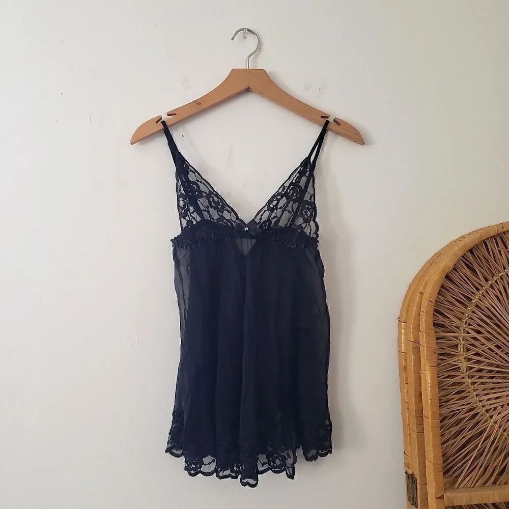 Frederick's of Hollywood Sheer Black Babydoll Lingerie Lace Trim S